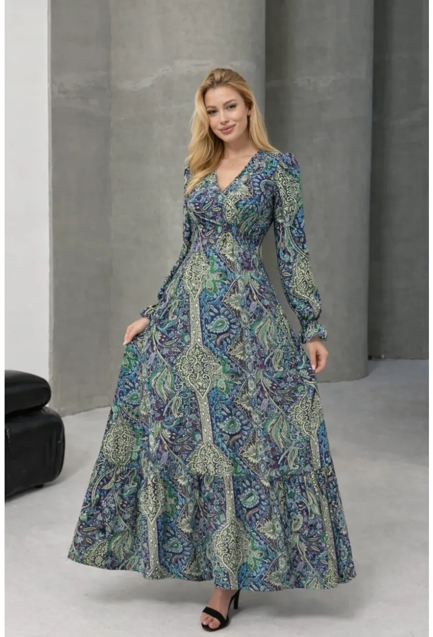 Kadın Etnik Desenli V Yaka Uzun Kollu Maxi Elbise