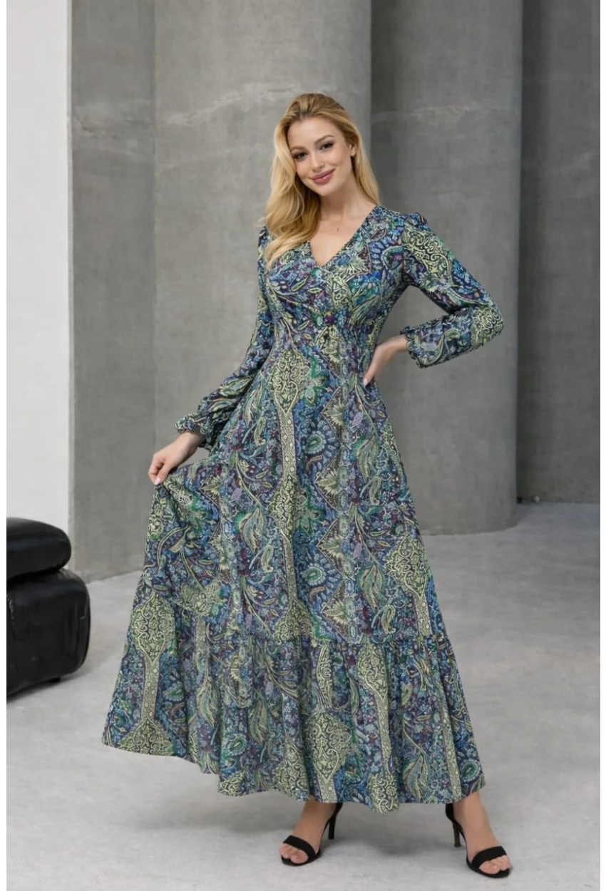 Kadın Etnik Desenli V Yaka Uzun Kollu Maxi Elbise