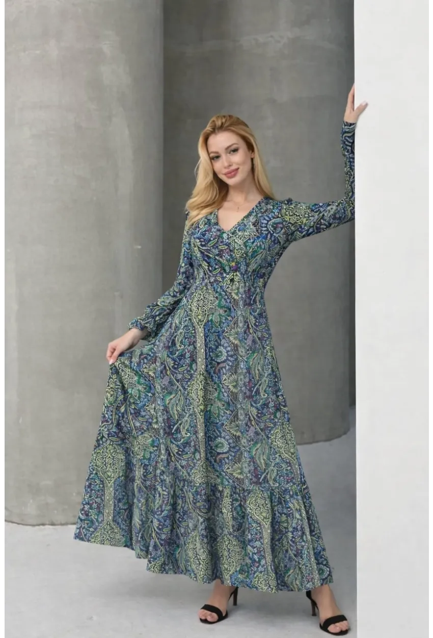 Kadın Etnik Desenli V Yaka Uzun Kollu Maxi Elbise