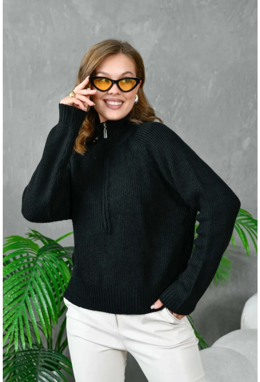 Kadın Fermuarlı Yaka Selanik Örgü Triko Kazak