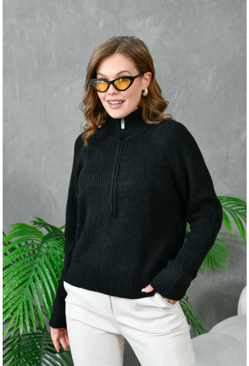 Kadın Fermuarlı Yaka Selanik Örgü Triko Kazak