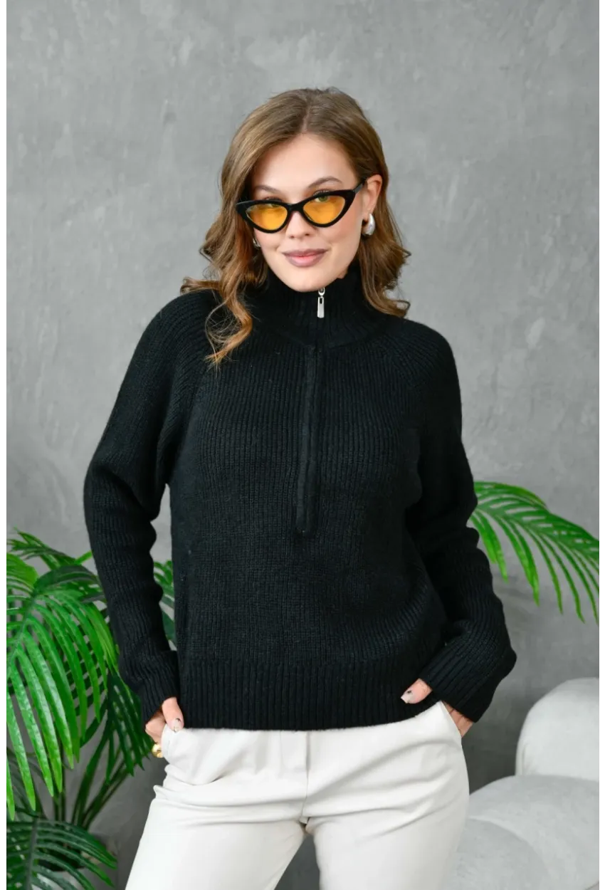 Kadın Fermuarlı Yaka Selanik Örgü Triko Kazak