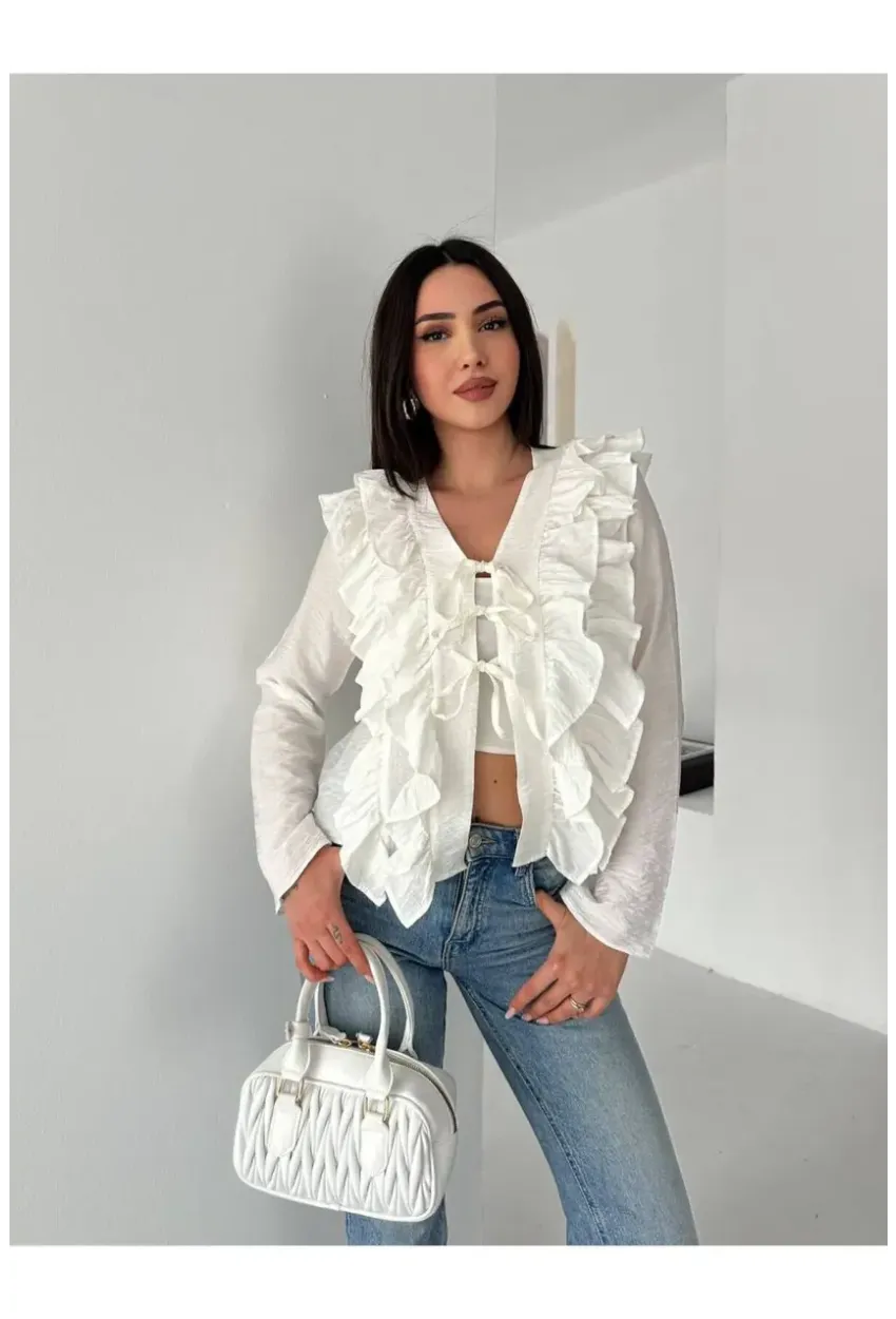 Kadın Fırfır Detay Bağcıklı Bluz Ekru