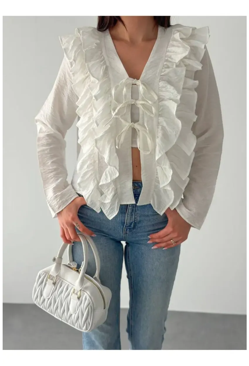 Kadın Fırfır Detay Bağcıklı Bluz Ekru