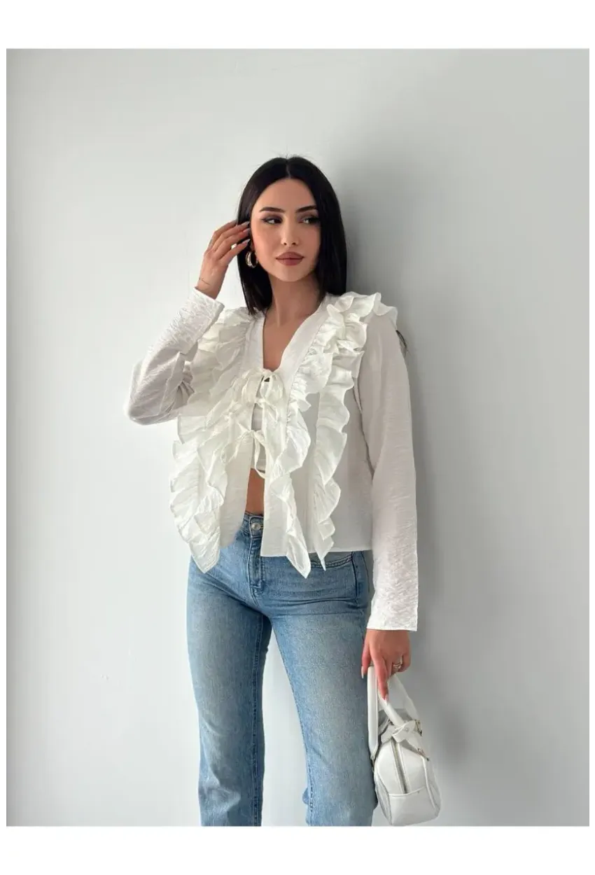 Kadın Fırfır Detay Bağcıklı Bluz Ekru