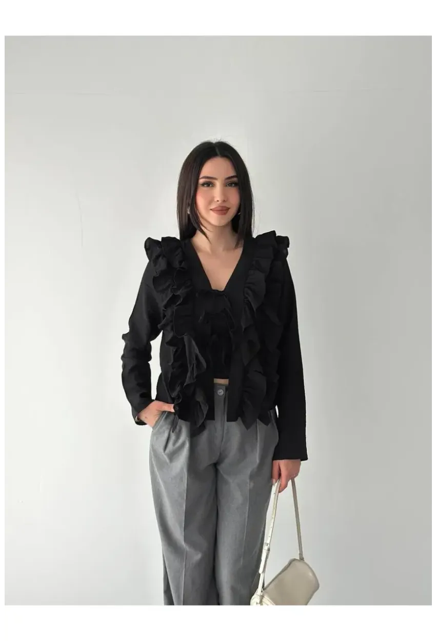 Kadın Fırfır Detay Bağcıklı Bluz Siyah