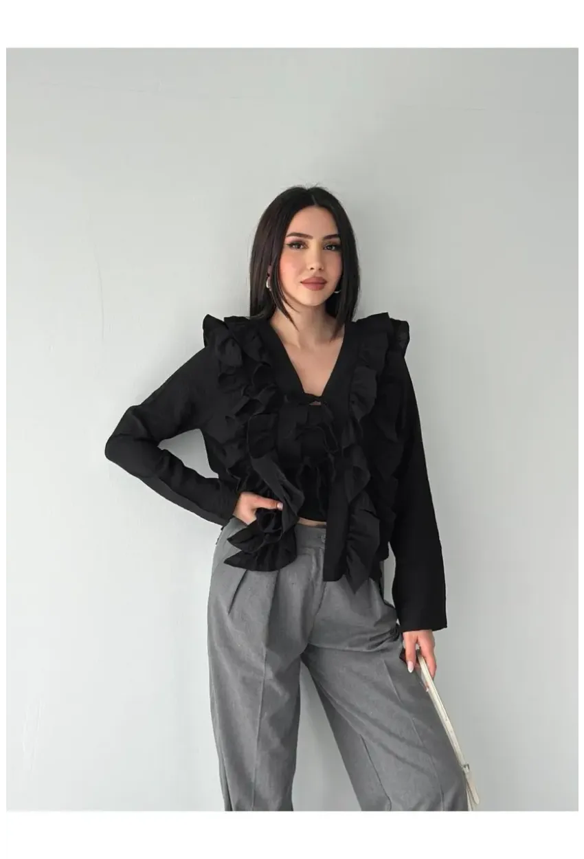 Kadın Fırfır Detay Bağcıklı Bluz Siyah