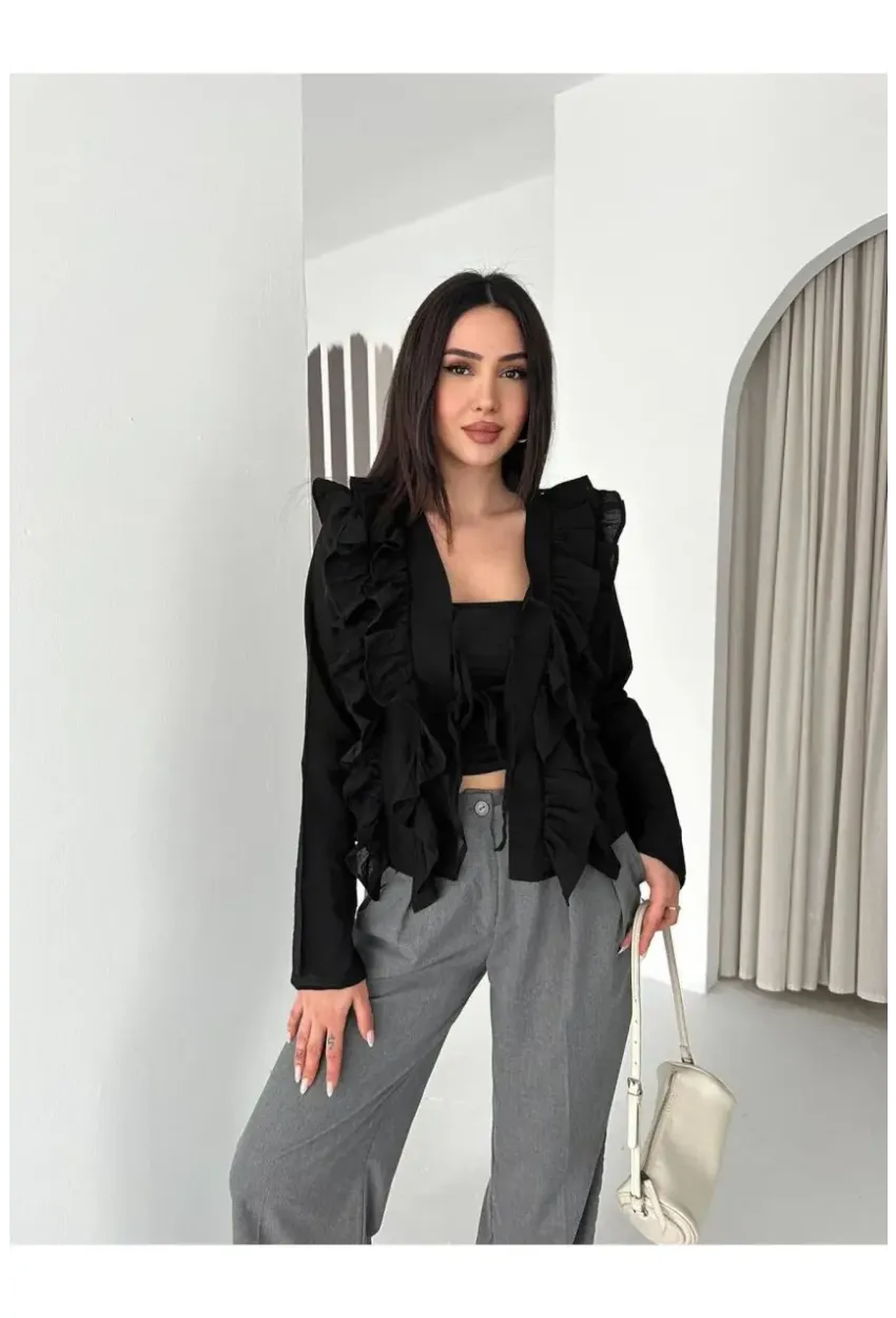 Kadın Fırfır Detay Bağcıklı Bluz Siyah