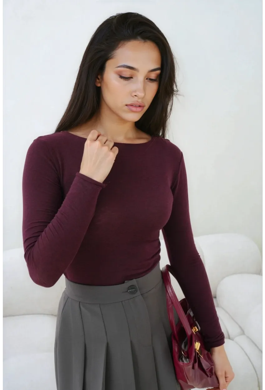 Kadın Geniş Yaka Uzun Kol Lycralı Penye Bluz