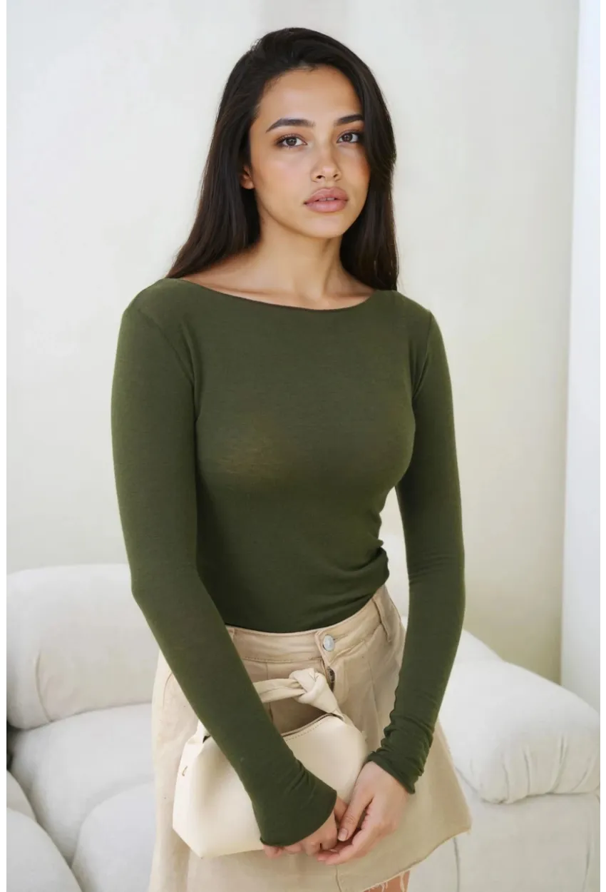 Kadın Geniş Yaka Uzun Kol Lycralı Penye Bluz