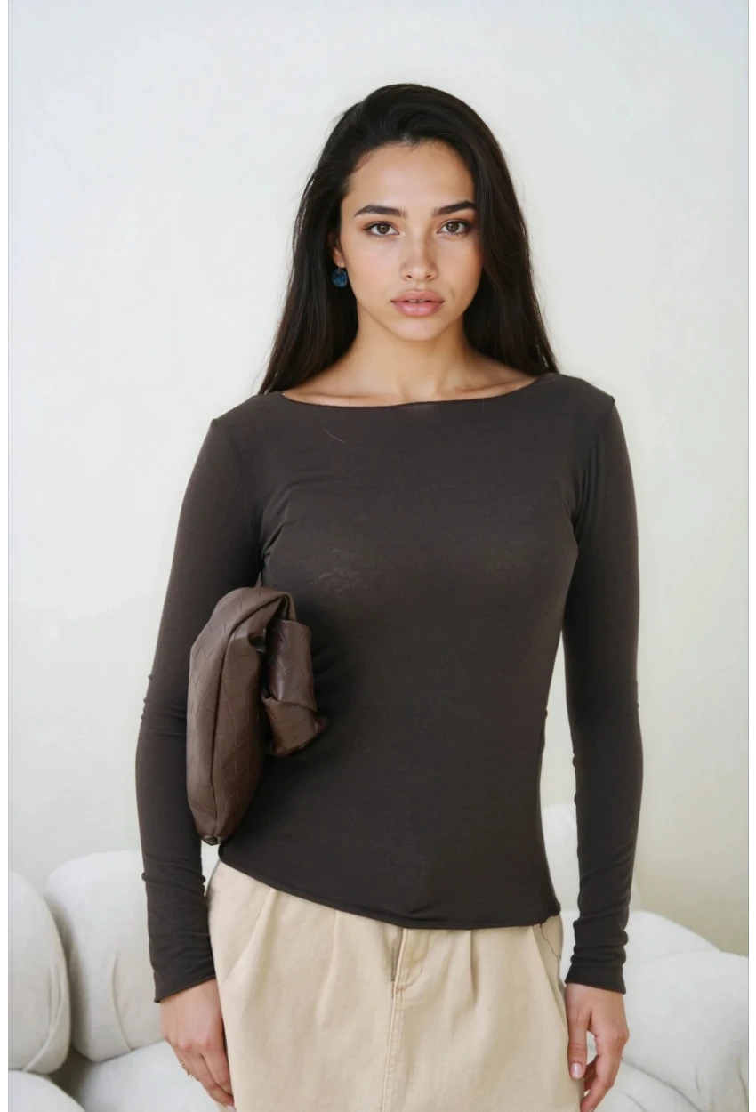 Kadın Geniş Yaka Uzun Kol Lycralı Penye Bluz