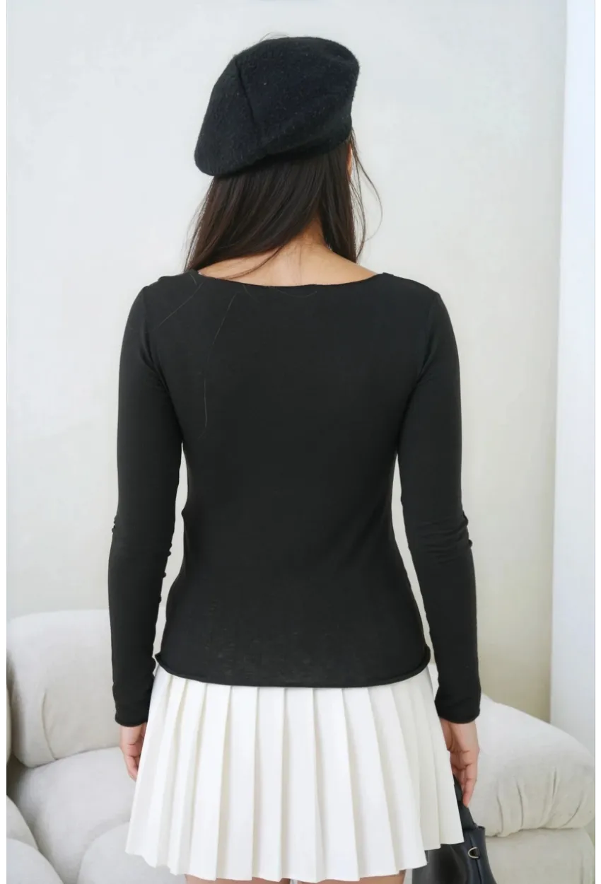 Kadın Geniş Yaka Uzun Kol Lycralı Penye Bluz