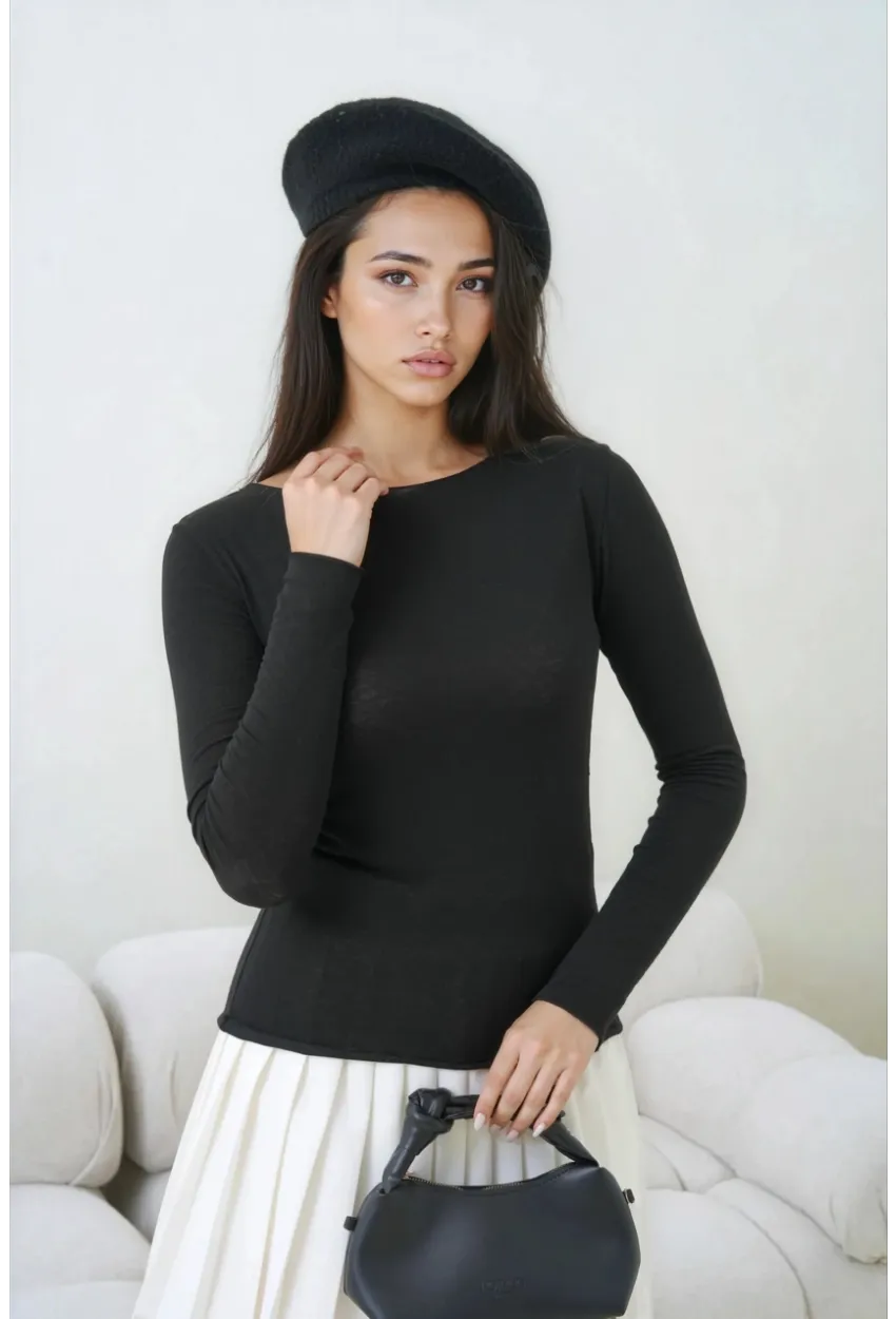 Kadın Geniş Yaka Uzun Kol Lycralı Penye Bluz