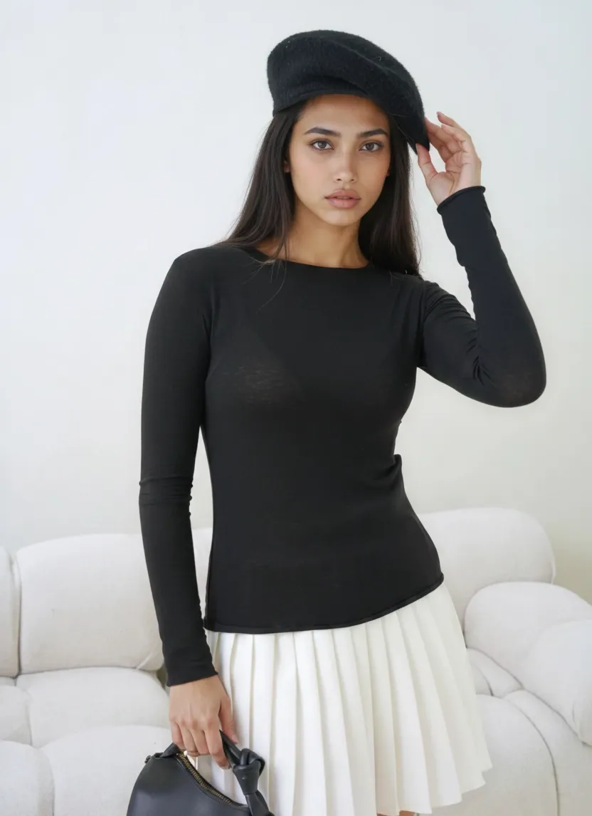 Kadın Geniş Yaka Uzun Kol Lycralı Penye Bluz