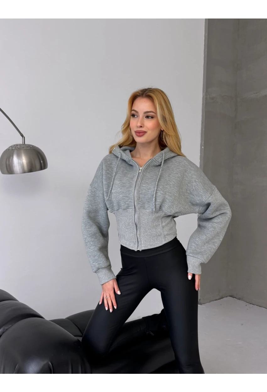 Kadın Gri Fermuarlı Hoodie Sweatshirt