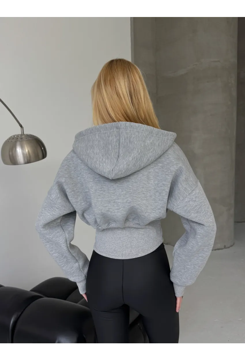Kadın Gri Fermuarlı Hoodie Sweatshirt