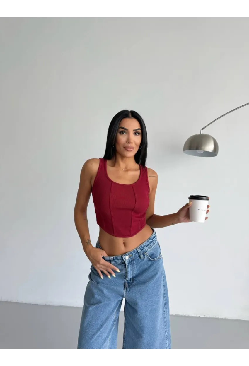 Kadın Bordo Kaşkorse Crop Bluz