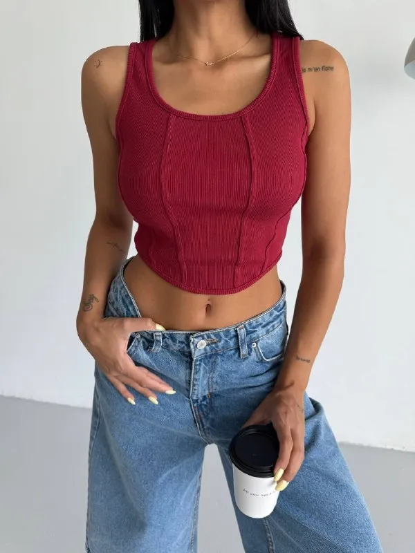 Kadın Bordo Kaşkorse Crop Bluz