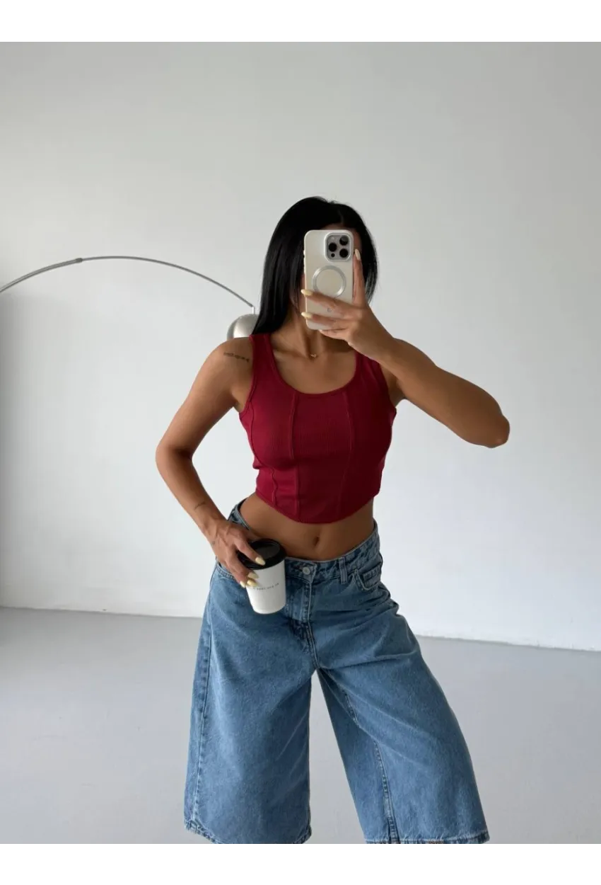 Kadın Bordo Kaşkorse Crop Bluz