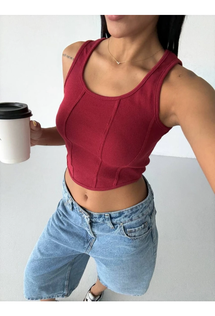 Kadın Bordo Kaşkorse Crop Bluz