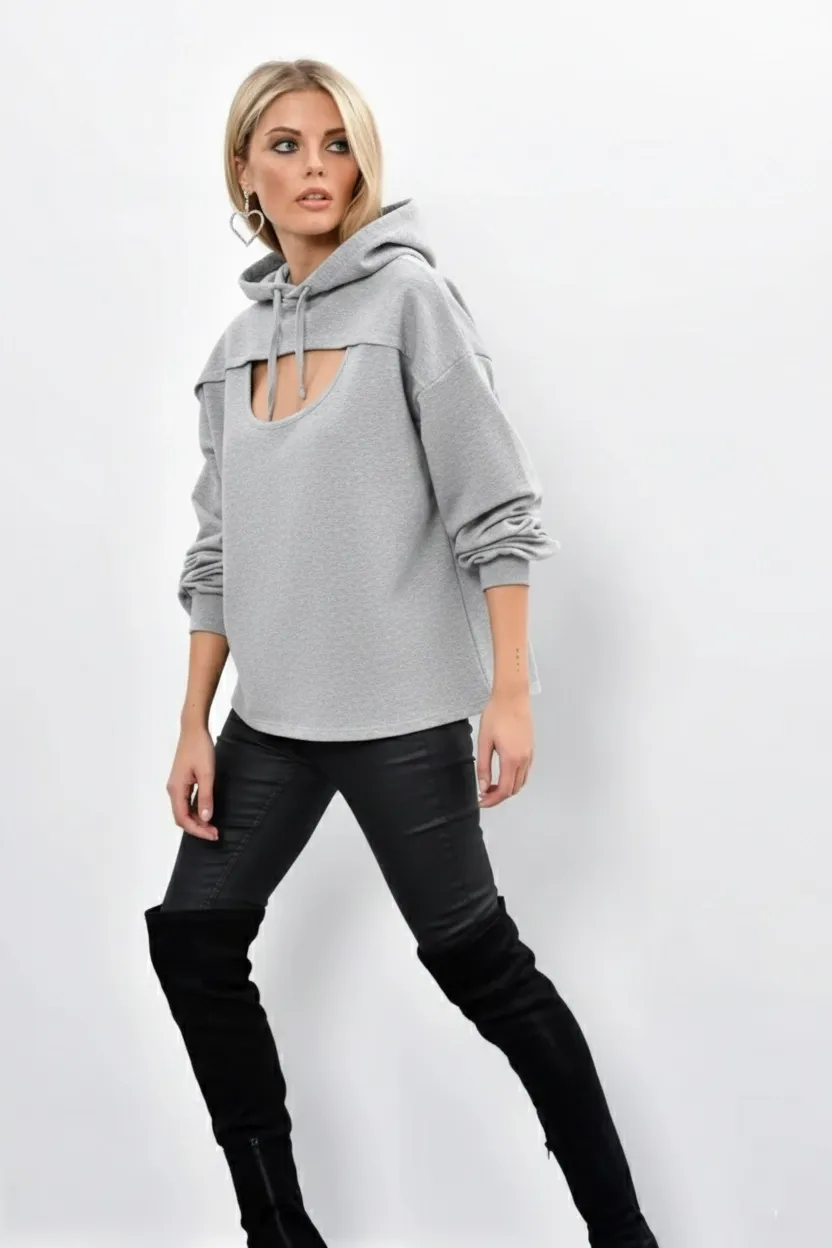 Kadın Gri Önü Pencereli Kapüşonlu Sweatshirt Yİ1669