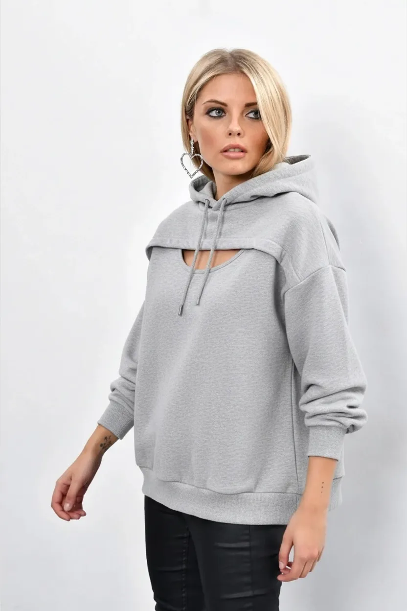 Kadın Gri Önü Pencereli Kapüşonlu Sweatshirt Yİ1669