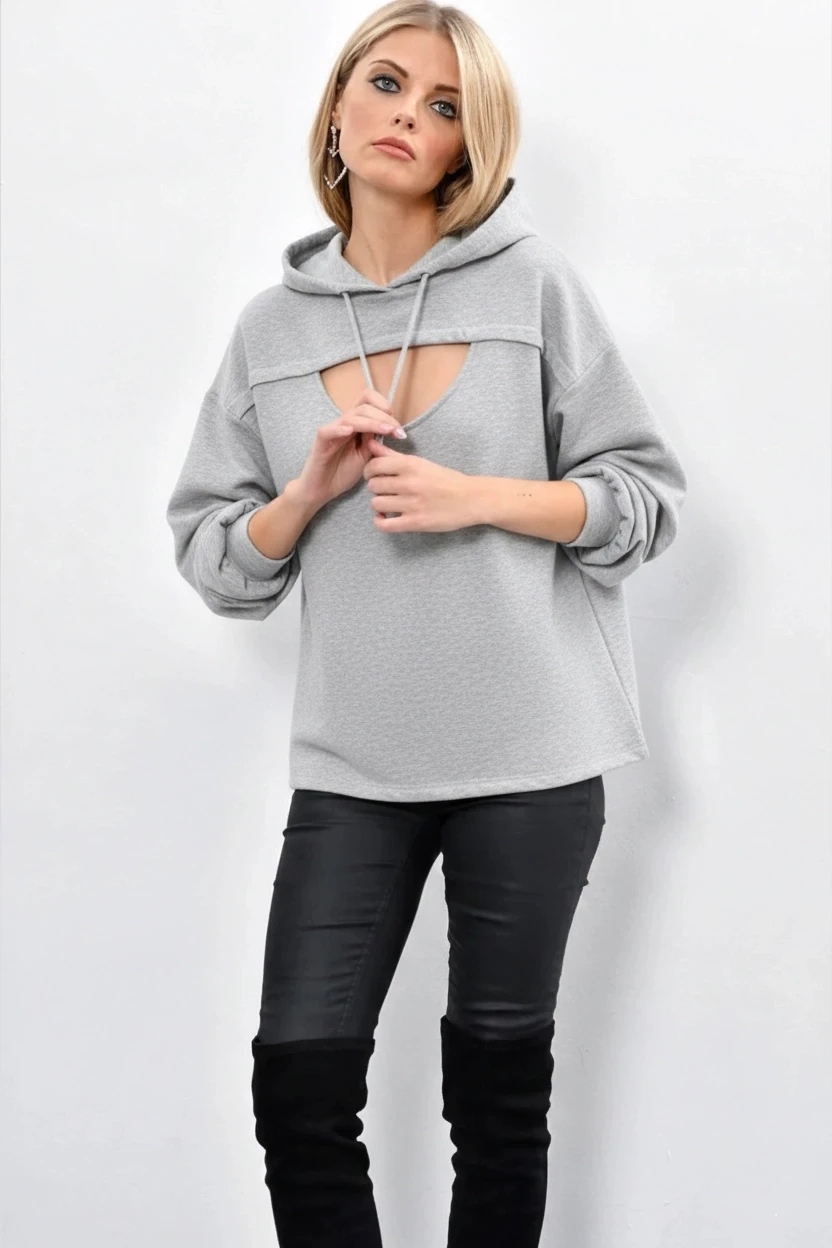 Kadın Gri Önü Pencereli Kapüşonlu Sweatshirt Yİ1669