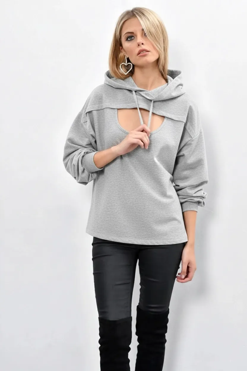 Kadın Gri Önü Pencereli Kapüşonlu Sweatshirt Yİ1669