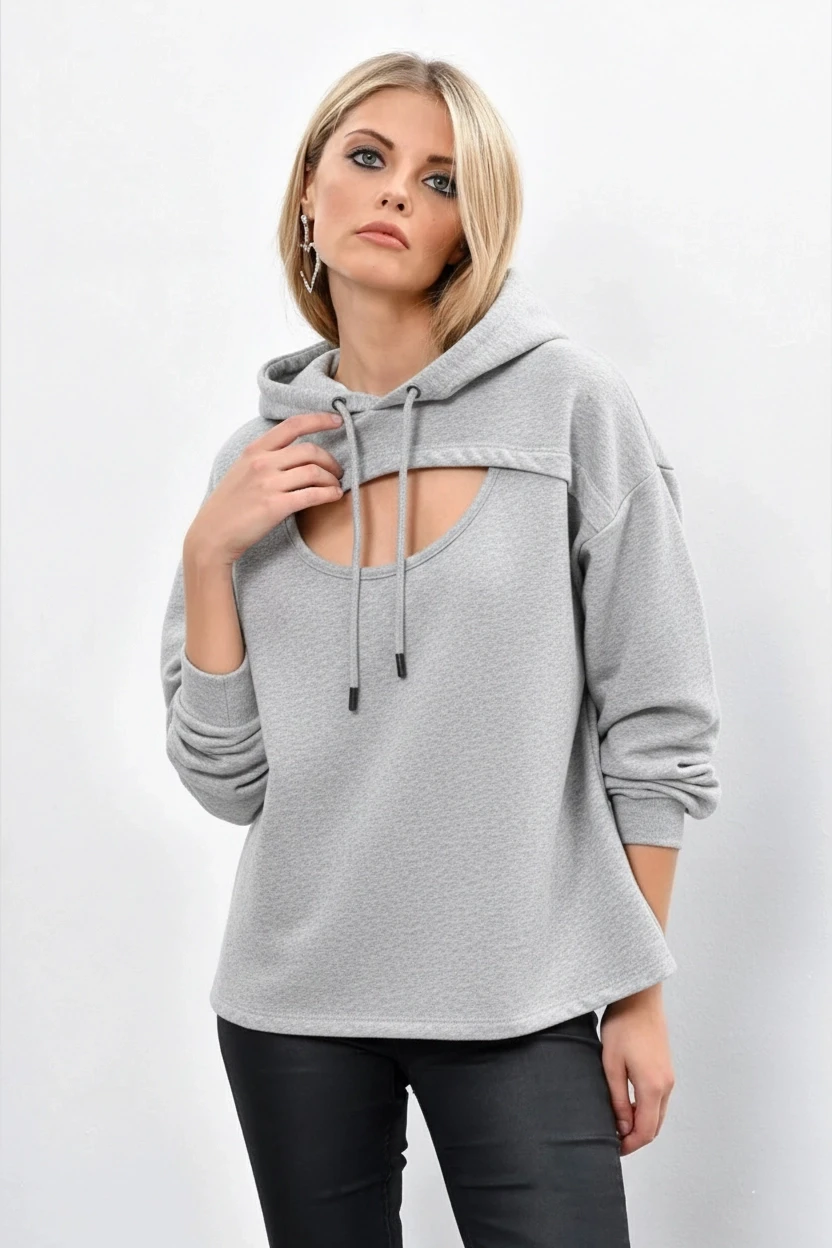 Kadın Gri Önü Pencereli Kapüşonlu Sweatshirt Yİ1669
