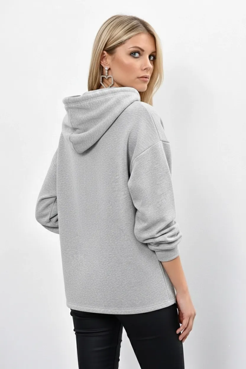 Kadın Gri Önü Pencereli Kapüşonlu Sweatshirt Yİ1669