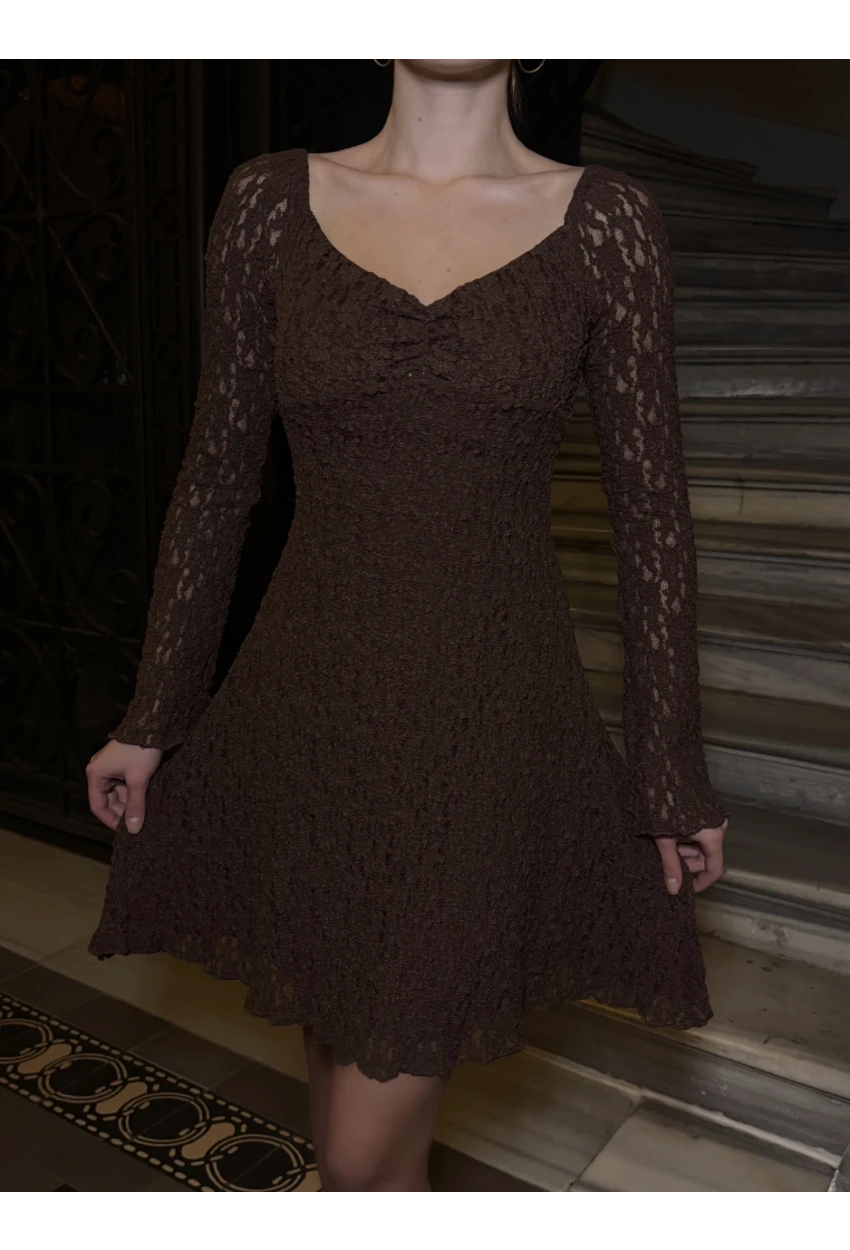 Kadın Güpür Detay Astarlı Elbise Kahve