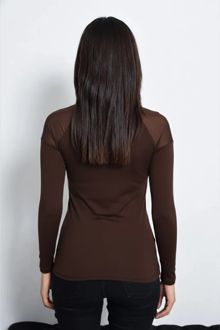 Kadın Kahve Omuzları Tül Bluz TZ2075