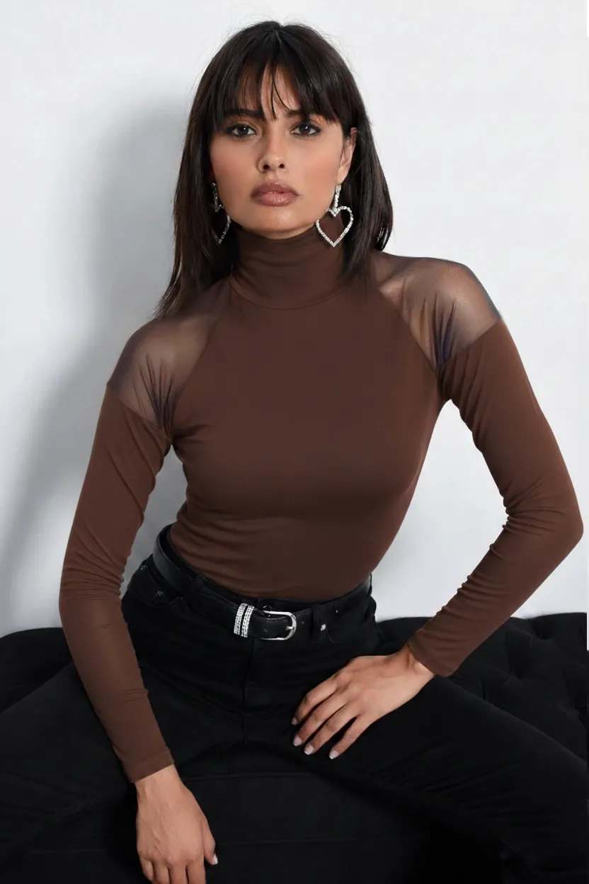 Kadın Kahve Omuzları Tül Bluz TZ2075