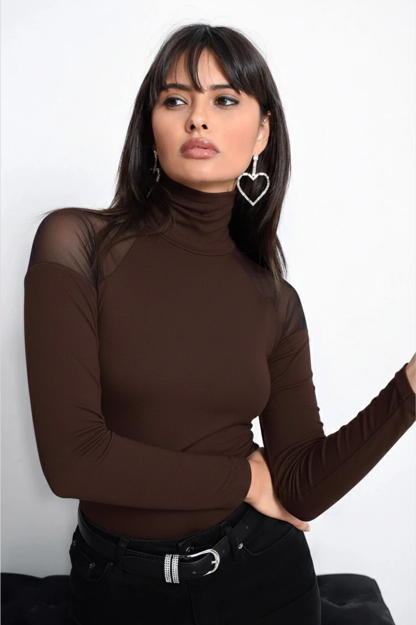 Kadın Kahve Omuzları Tül Bluz TZ2075