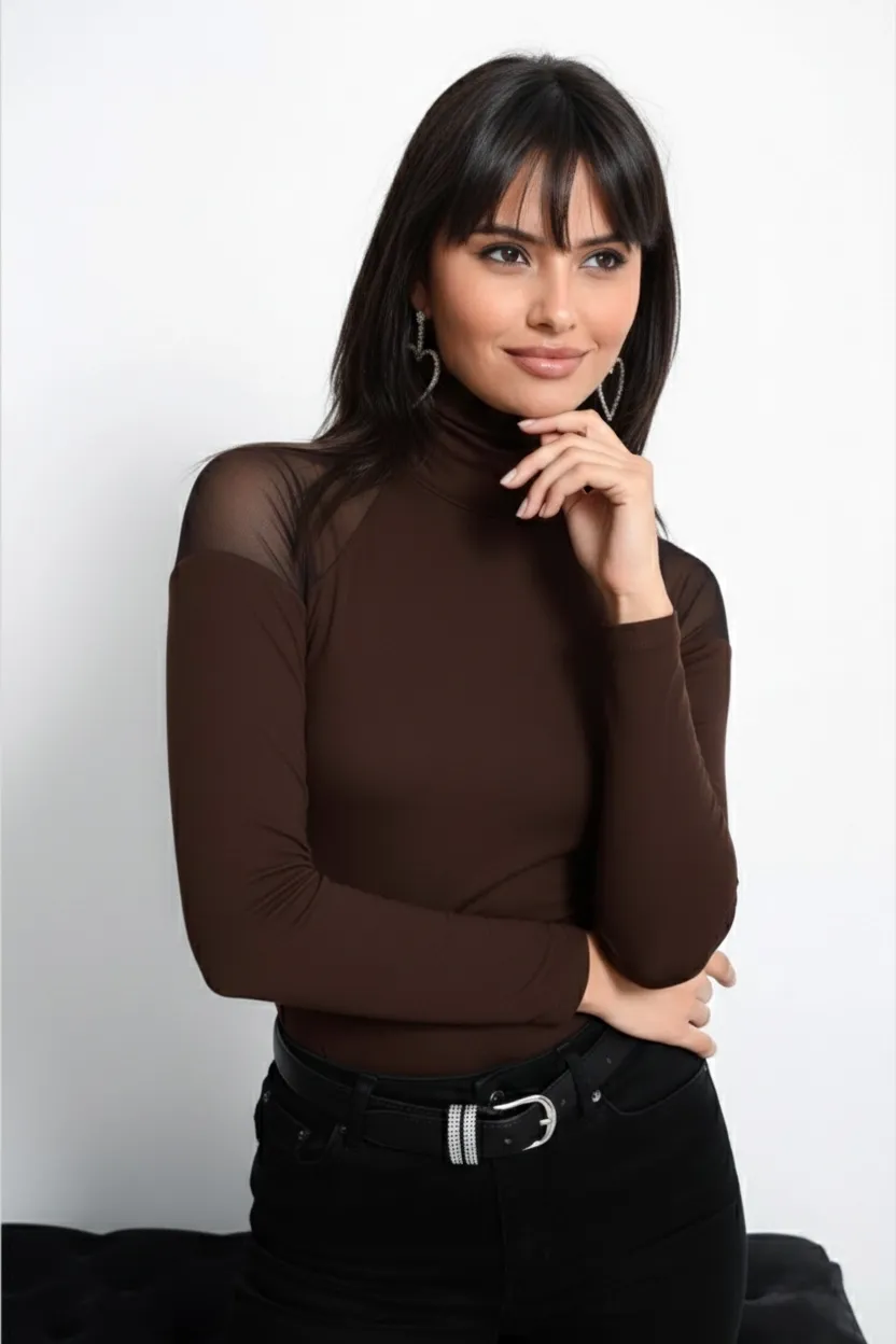 Kadın Kahve Omuzları Tül Bluz TZ2075