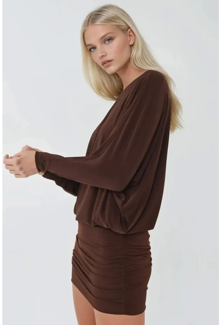 Kadın Kahve Tek Omuz Yarasa Kol Drapeli Mini Elbise