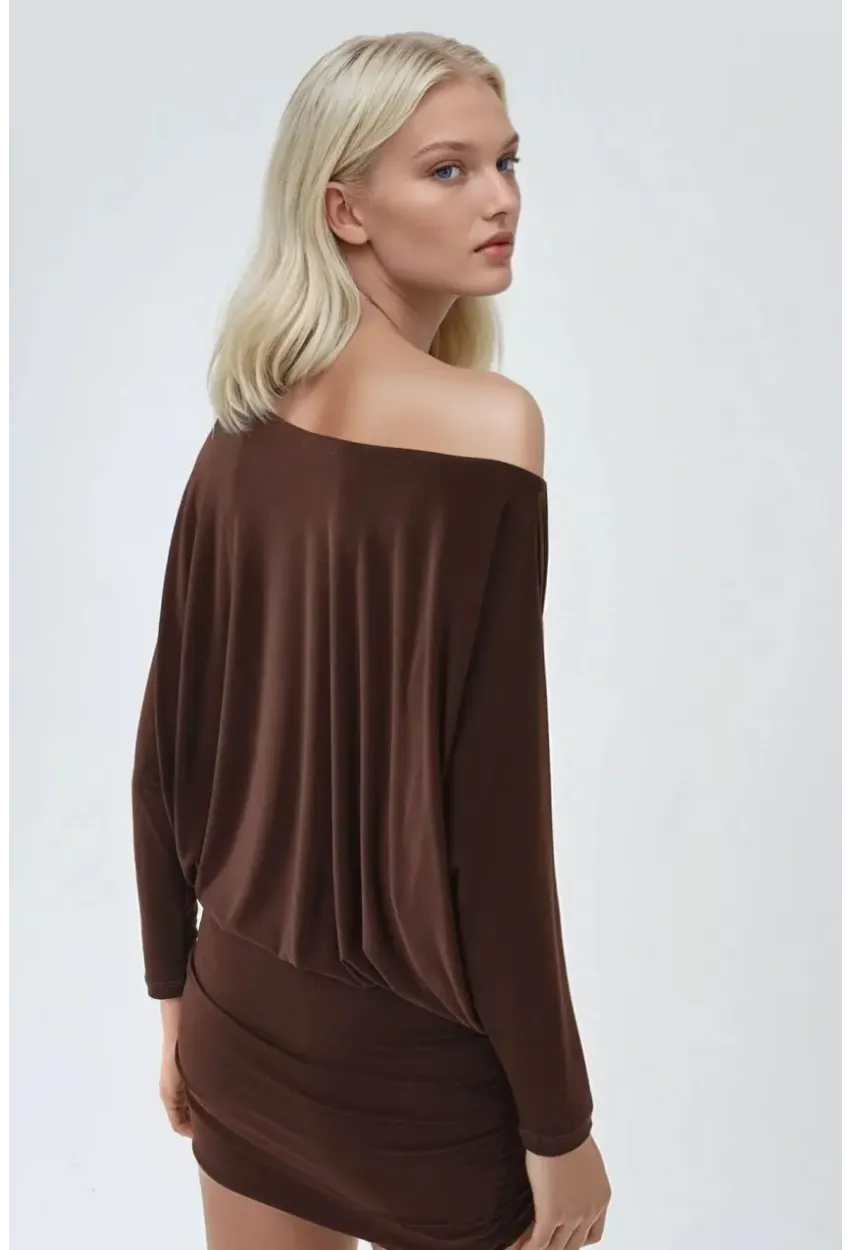 Kadın Kahve Tek Omuz Yarasa Kol Drapeli Mini Elbise
