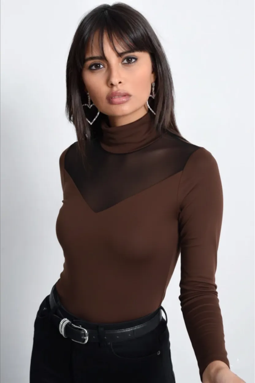 Kadın Kahve Üstü Tül Bluz TZ20751