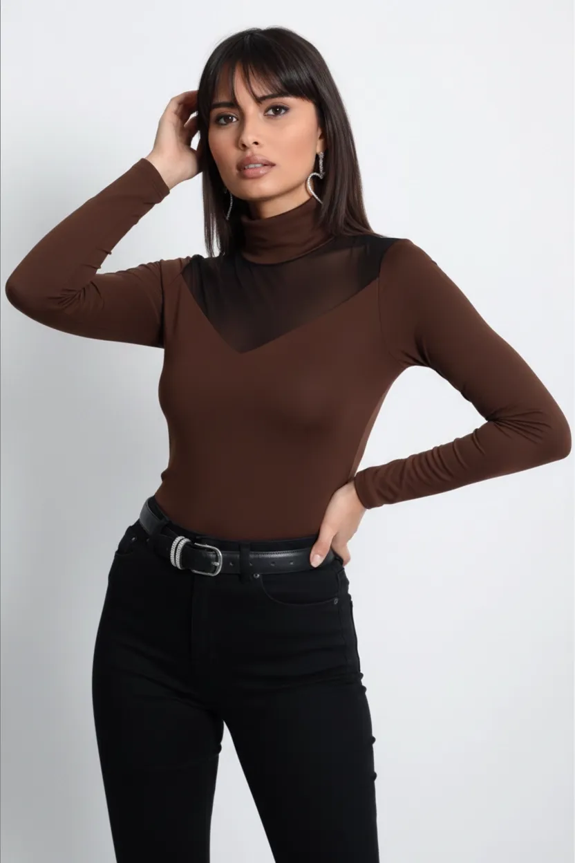 Kadın Kahve Üstü Tül Bluz TZ20751