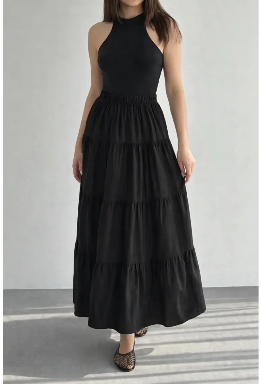 Kadın Kat Kat Uzun Etek – Beli Lastikli Günlük Şık Etek