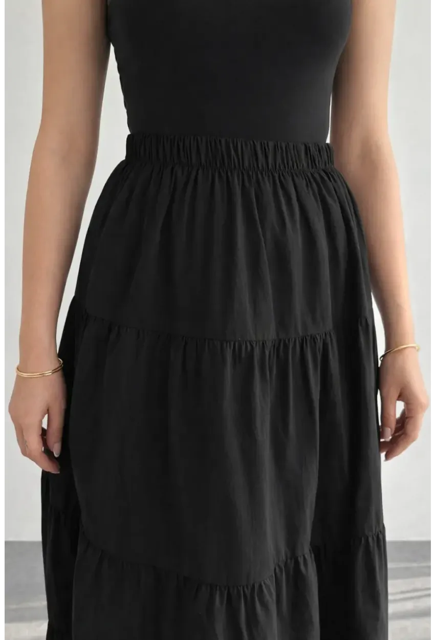 Kadın Kat Kat Uzun Etek – Beli Lastikli Günlük Şık Etek