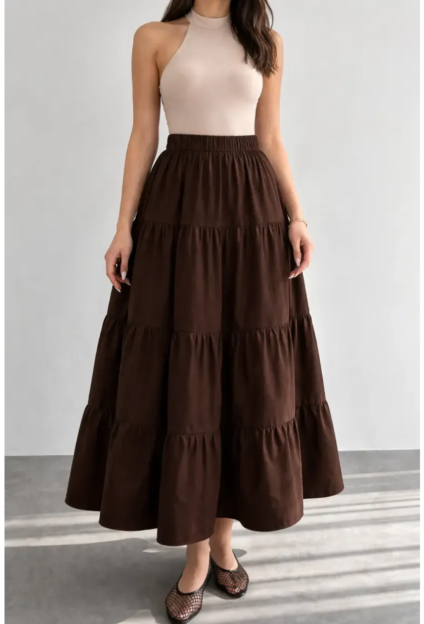 Kadın Kat Kat Uzun Etek – Beli Lastikli Günlük Şık Etek