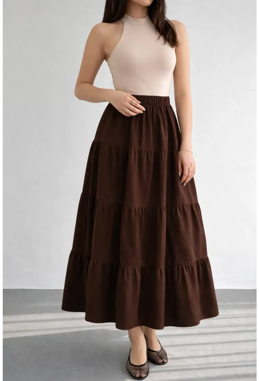 Kadın Kat Kat Uzun Etek – Beli Lastikli Günlük Şık Etek