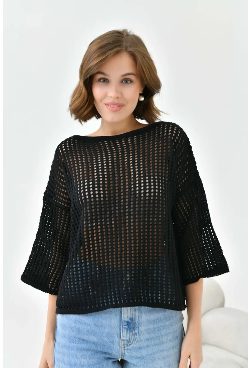 Kadın Kayık Yaka Örgü Detay Oversize Triko Kazak