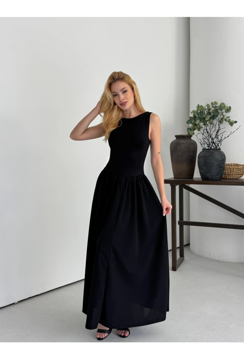 Kadın Kayık Yaka Üstü Esnek Viskon Alt Geniş Poplin Dokuma Kolsuz Siyah Elbise