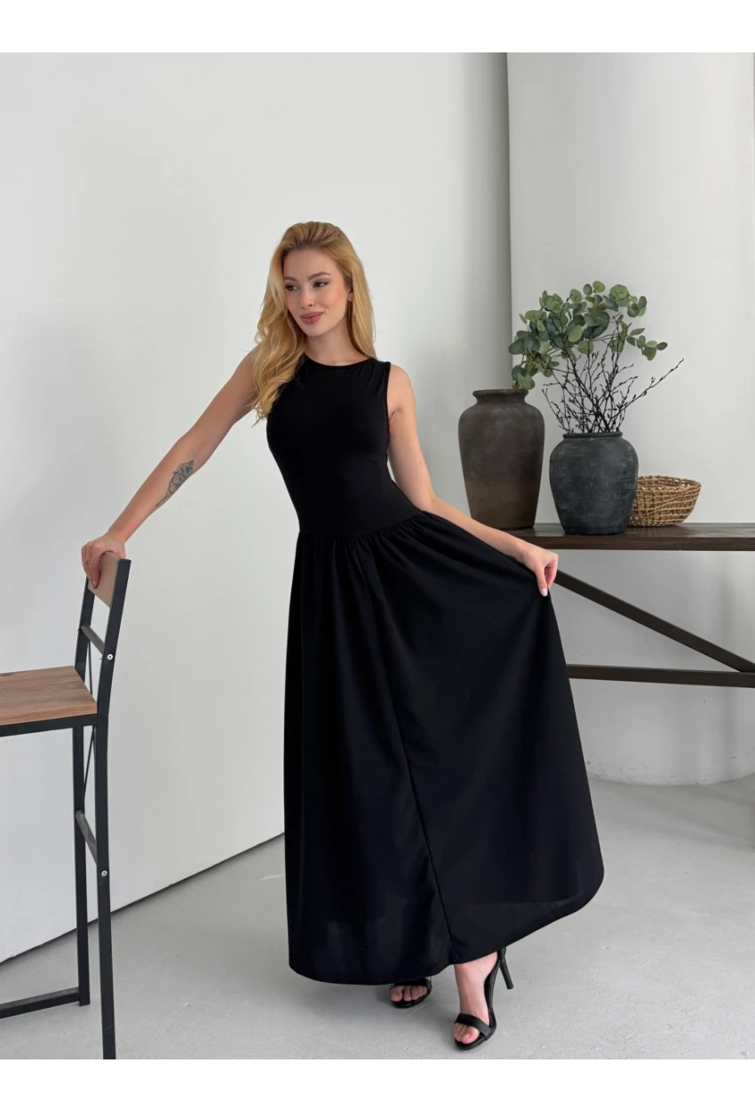 Kadın Kayık Yaka Üstü Esnek Viskon Alt Geniş Poplin Dokuma Kolsuz Siyah Elbise