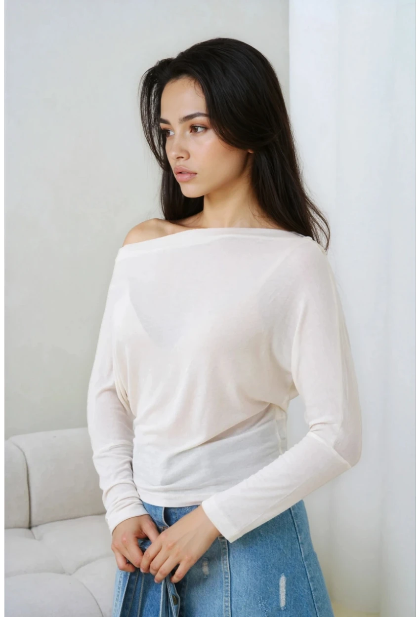 Kadın Kayık Yaka Yarasa Kol Lycralı Penye Bluz