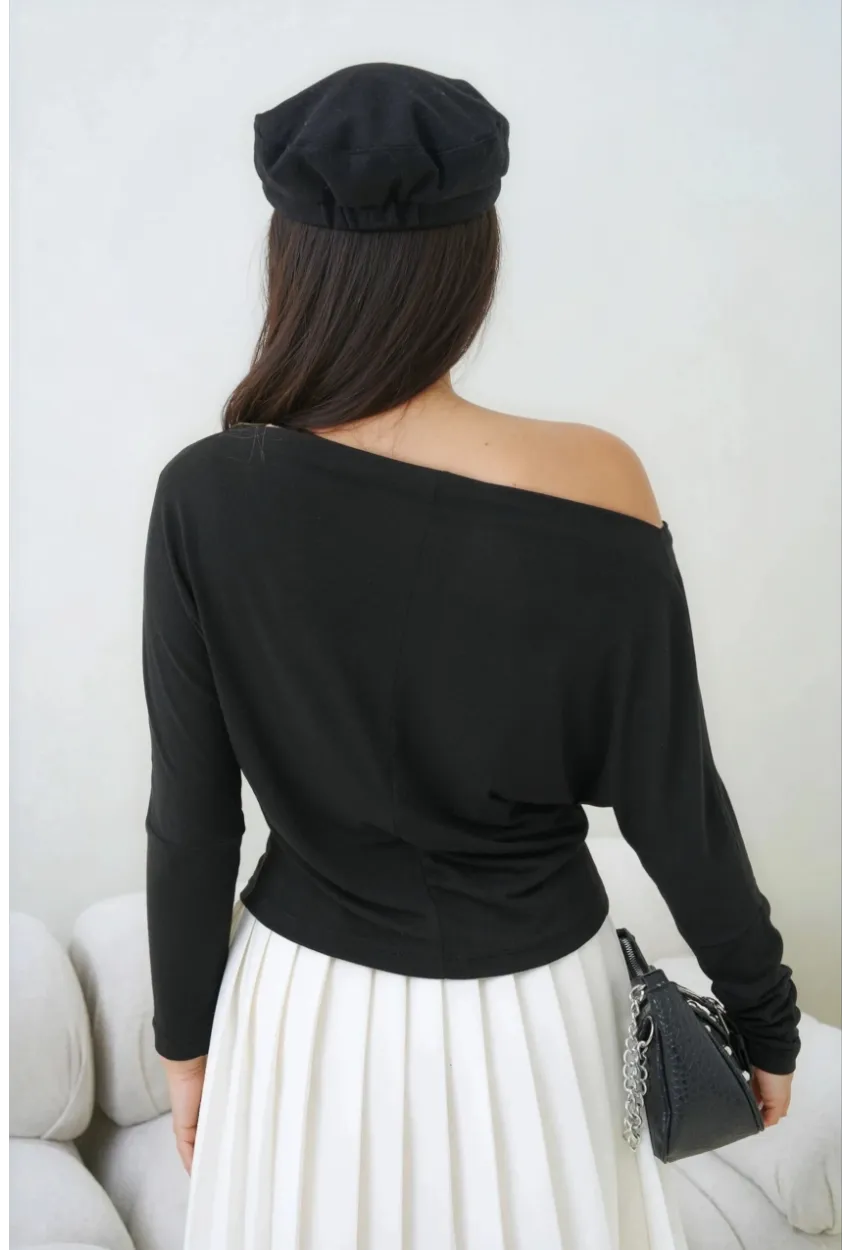 Kadın Kayık Yaka Yarasa Kol Lycralı Penye Bluz