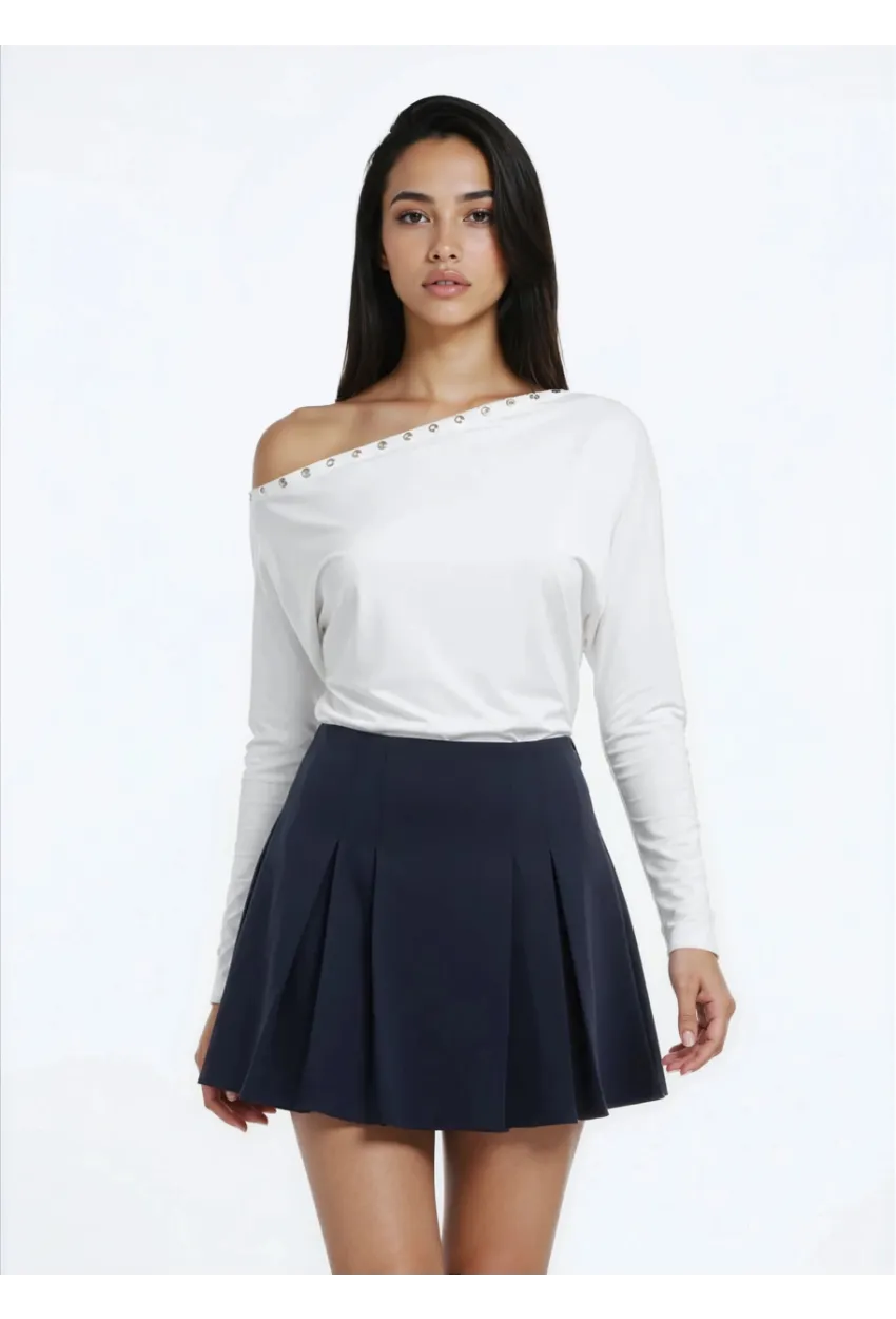 Kadın Kayık Yaka Yarasa Kol Yakası Troklu Lycralı Penye Bluz