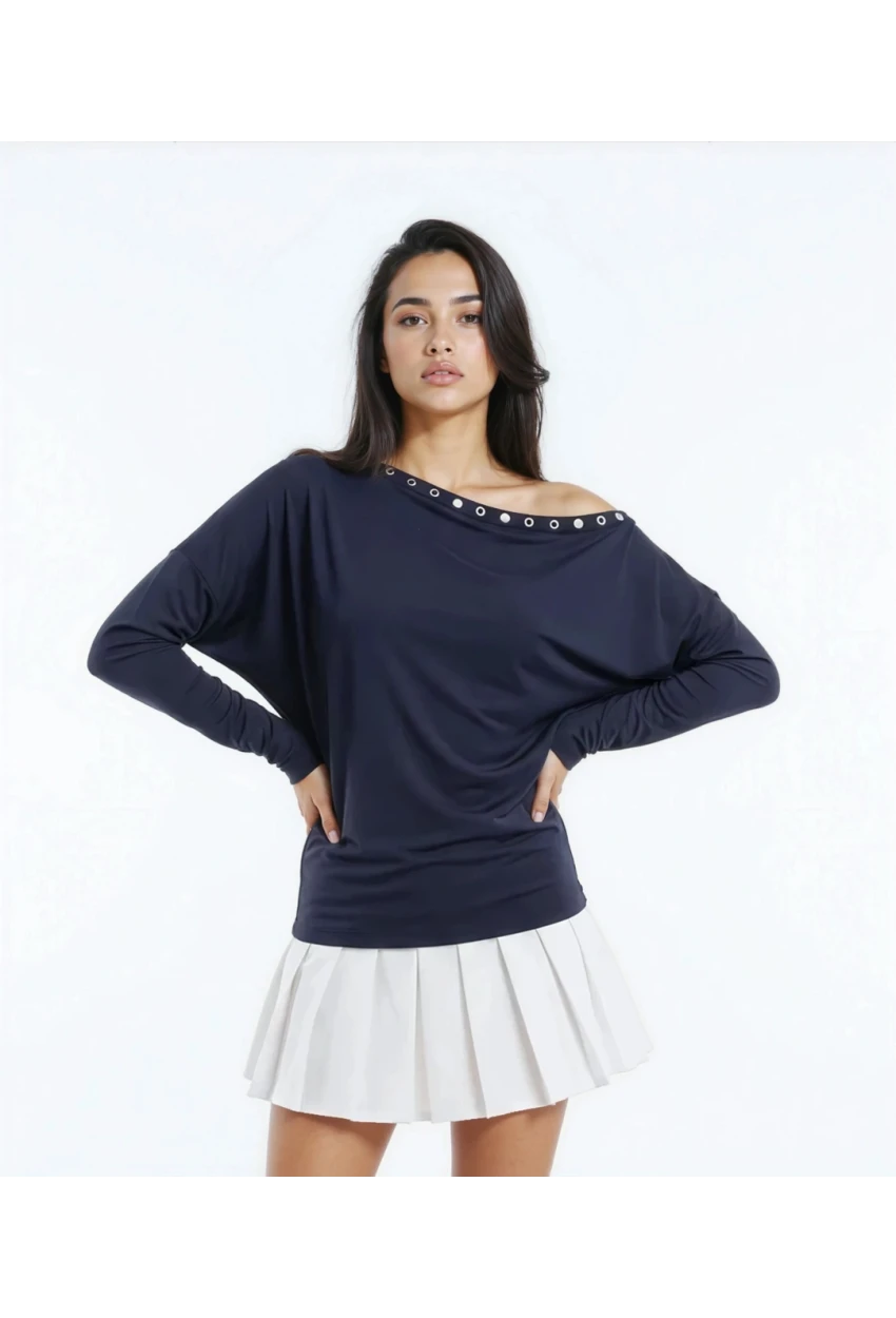 Kadın Kayık Yaka Yarasa Kol Yakası Troklu Lycralı Penye Bluz